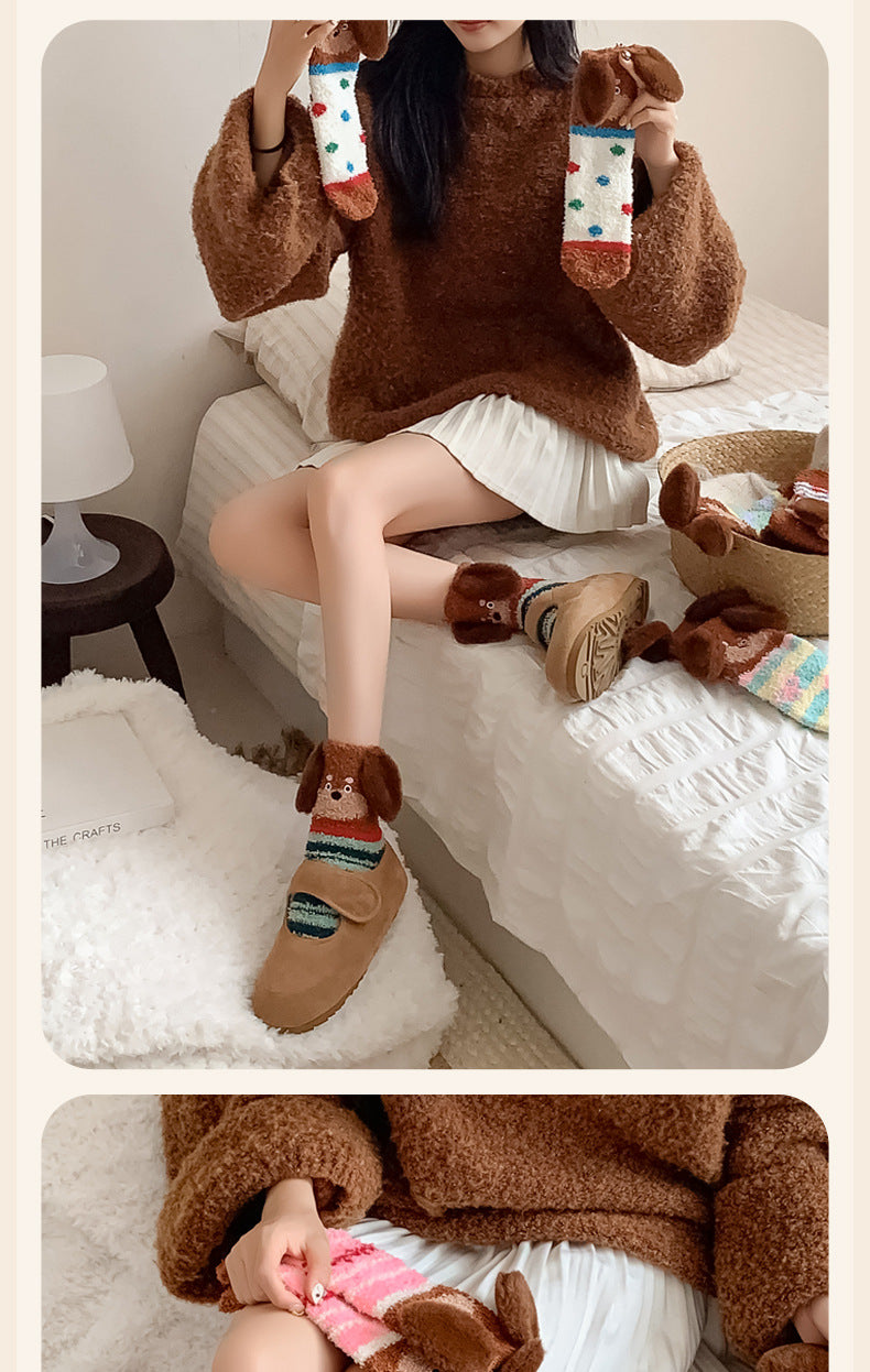 Warm Coral Velvet Sleep Socks for Women | Adorable Cartoon Puppy Design
