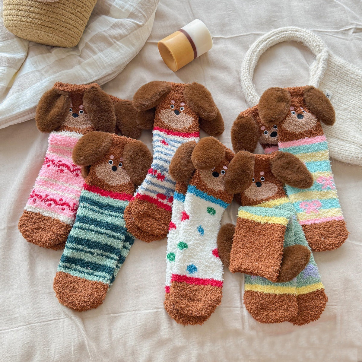 Warm Coral Velvet Sleep Socks for Women | Adorable Cartoon Puppy Design