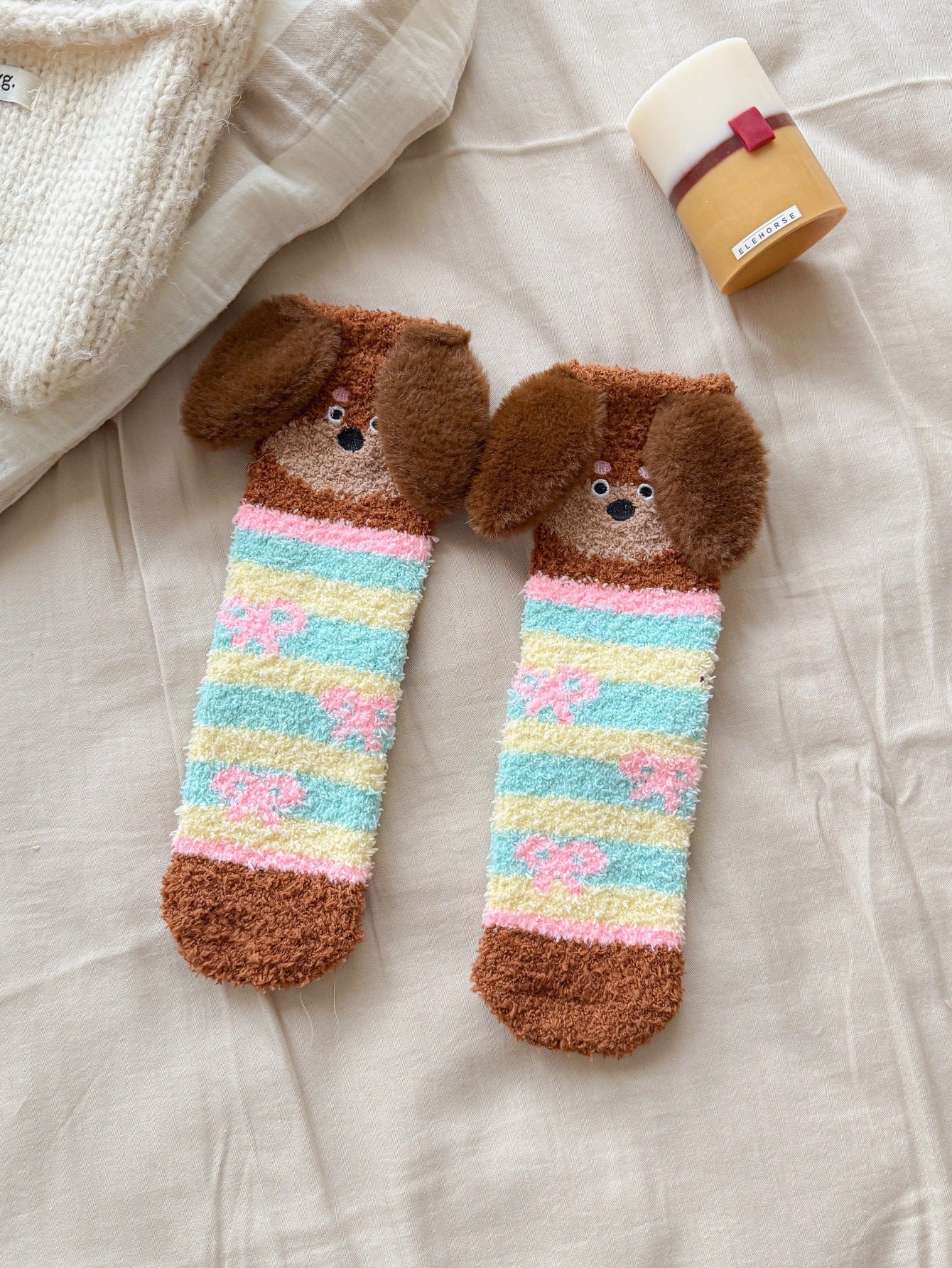 Warm Coral Velvet Sleep Socks for Women | Adorable Cartoon Puppy Design