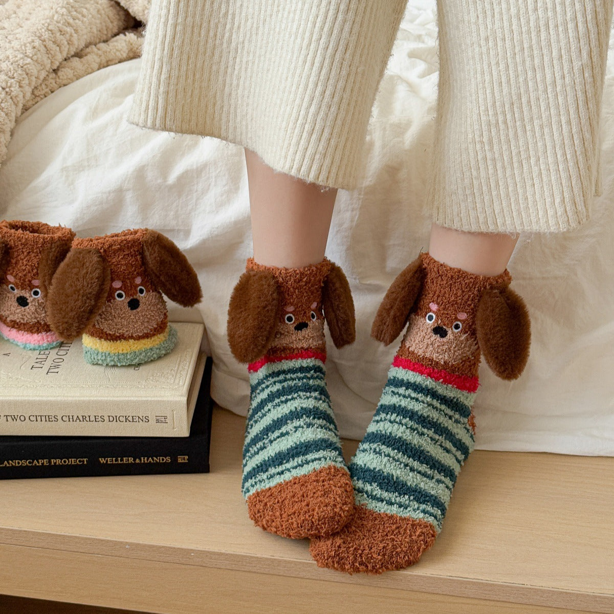 Warm Coral Velvet Sleep Socks for Women | Adorable Cartoon Puppy Design