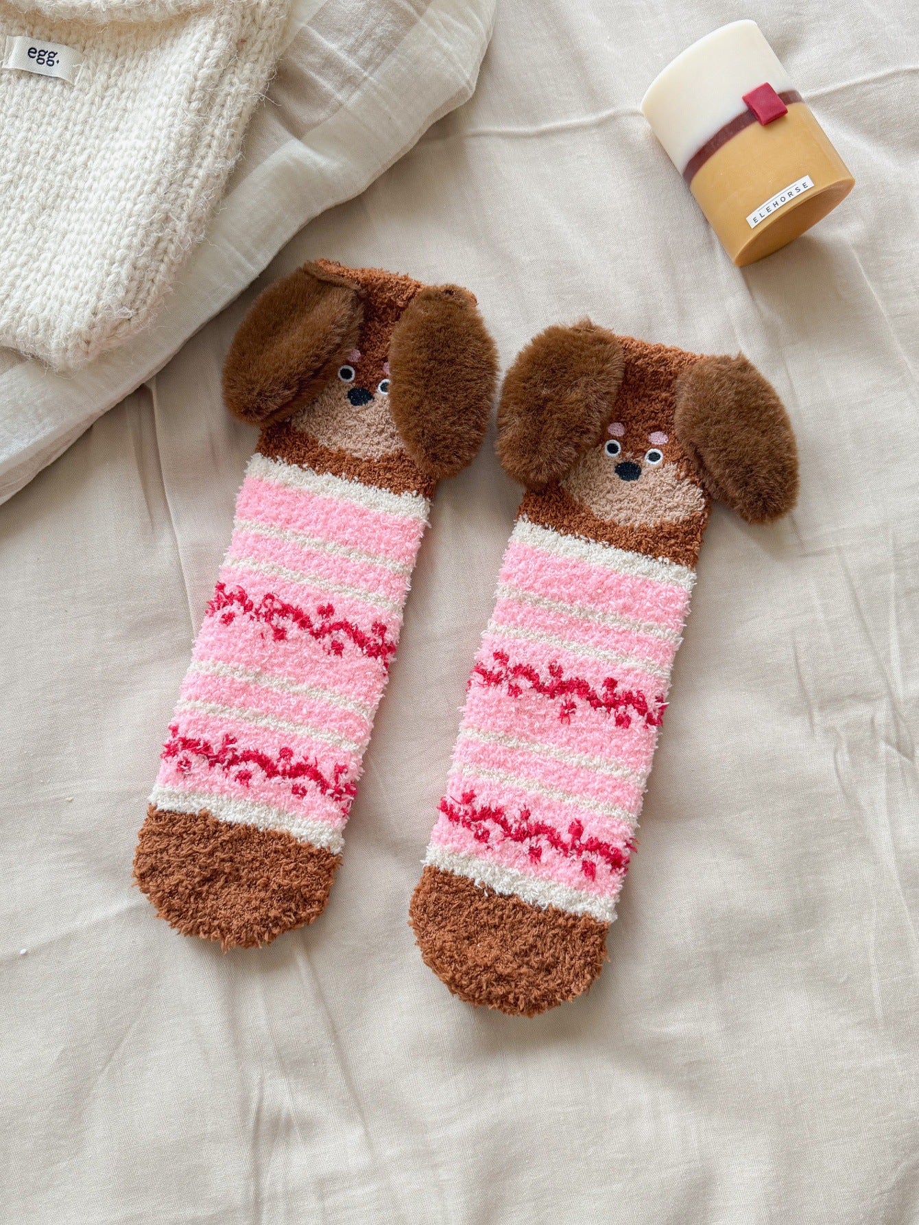 Warm Coral Velvet Sleep Socks for Women | Adorable Cartoon Puppy Design