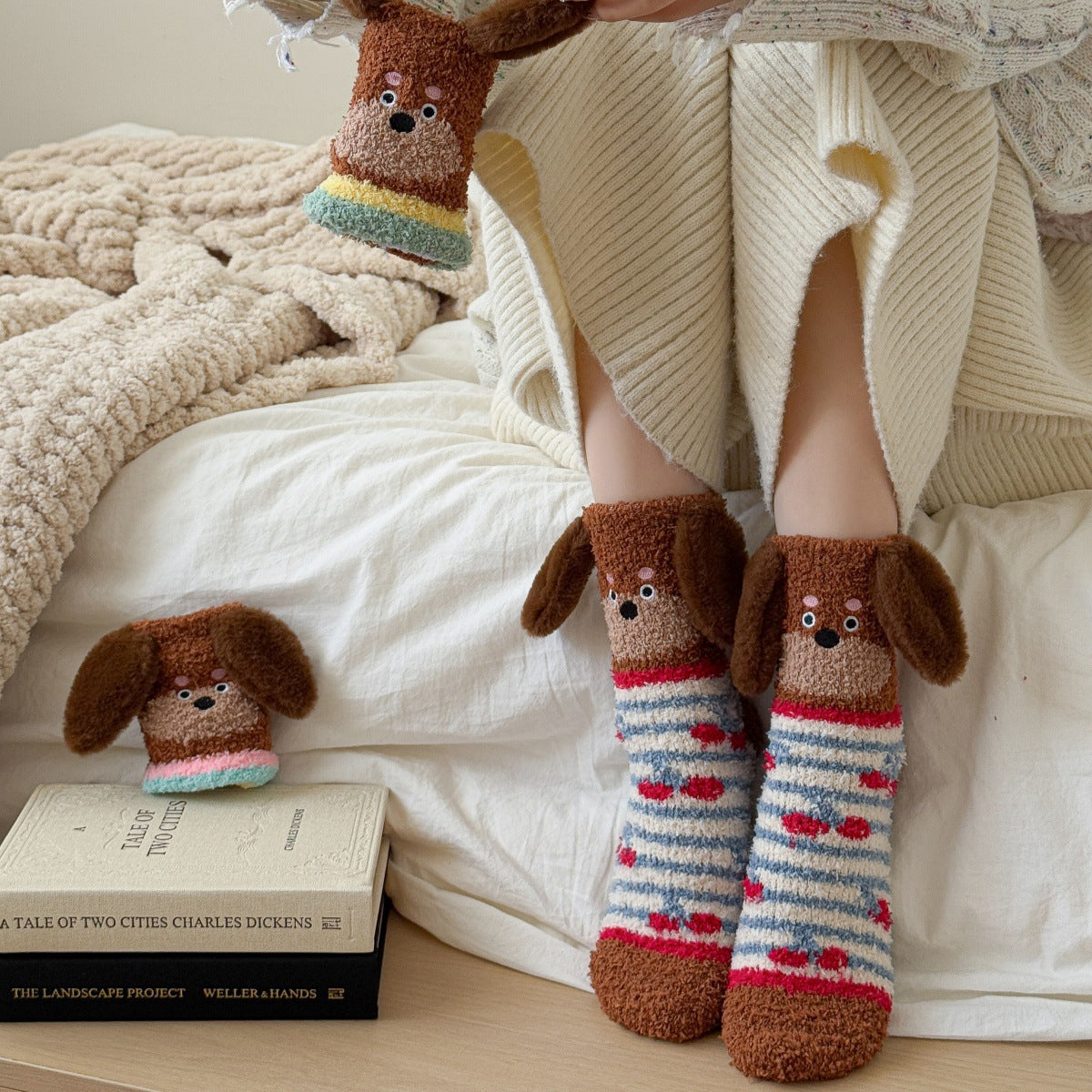 Warm Coral Velvet Sleep Socks for Women | Adorable Cartoon Puppy Design