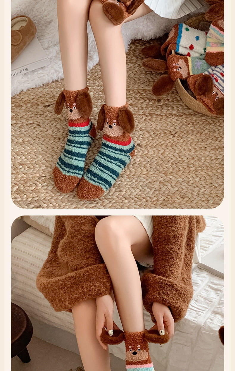 Warm Coral Velvet Sleep Socks for Women | Adorable Cartoon Puppy Design