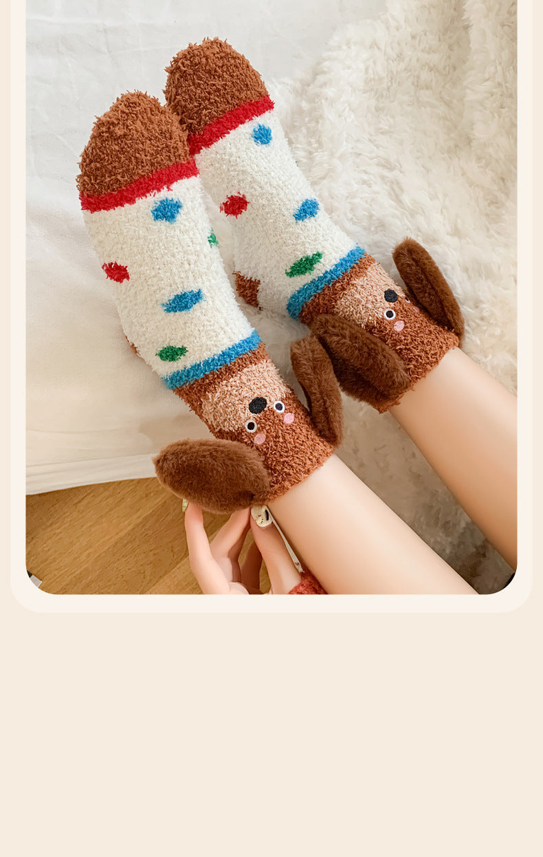 Warm Coral Velvet Sleep Socks for Women | Adorable Cartoon Puppy Design