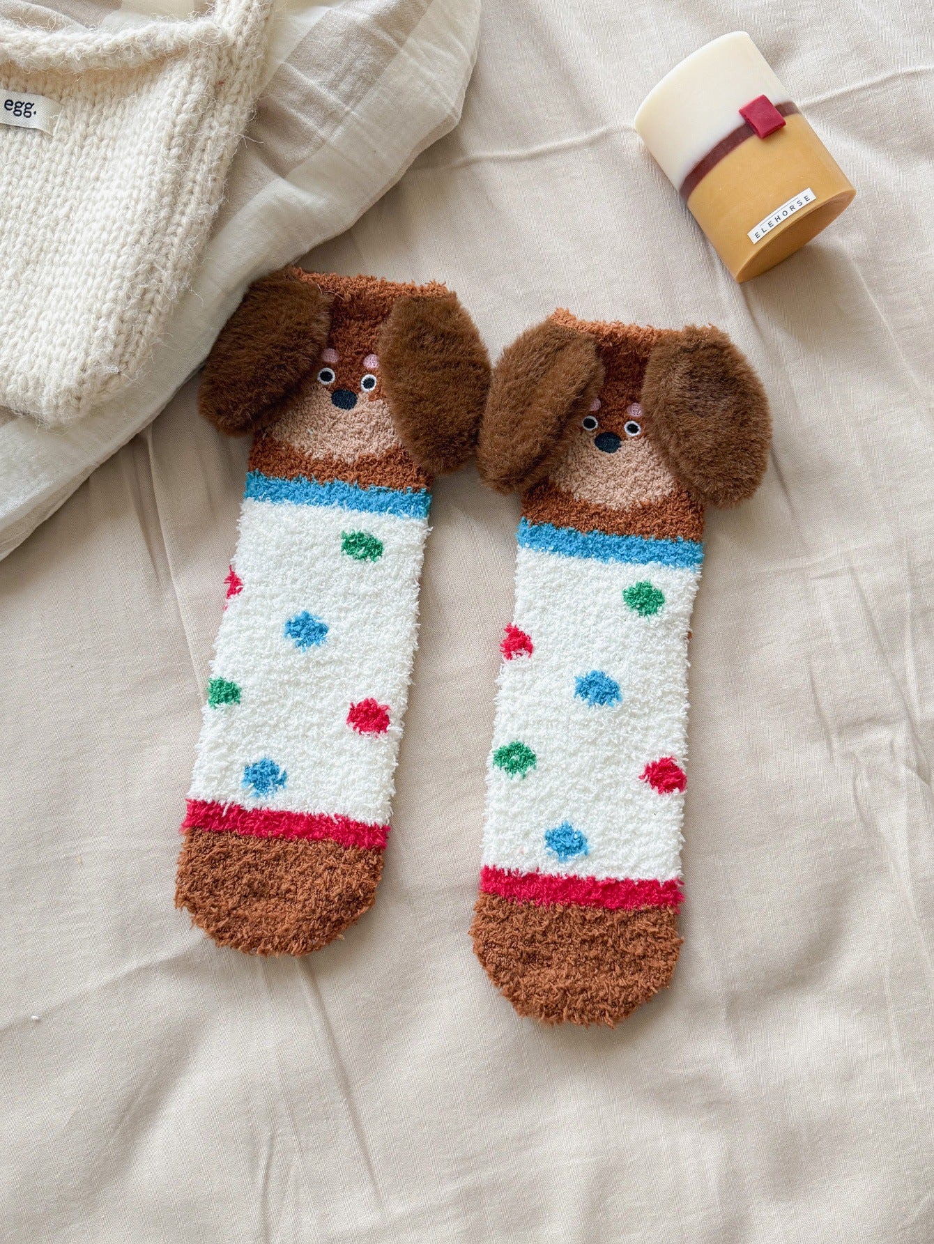 Warm Coral Velvet Sleep Socks for Women | Adorable Cartoon Puppy Design