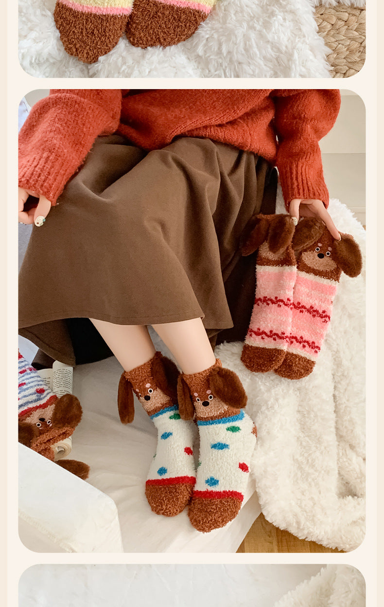 Warm Coral Velvet Sleep Socks for Women | Adorable Cartoon Puppy Design