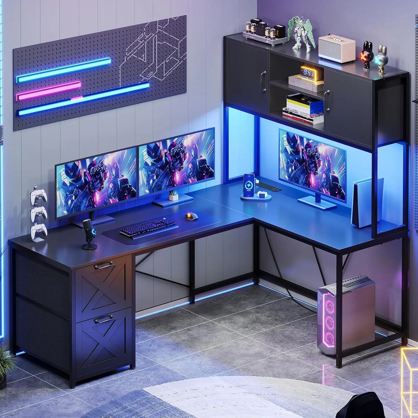 L-Shaped Gaming Desk with LED Lights & Storage Solutions