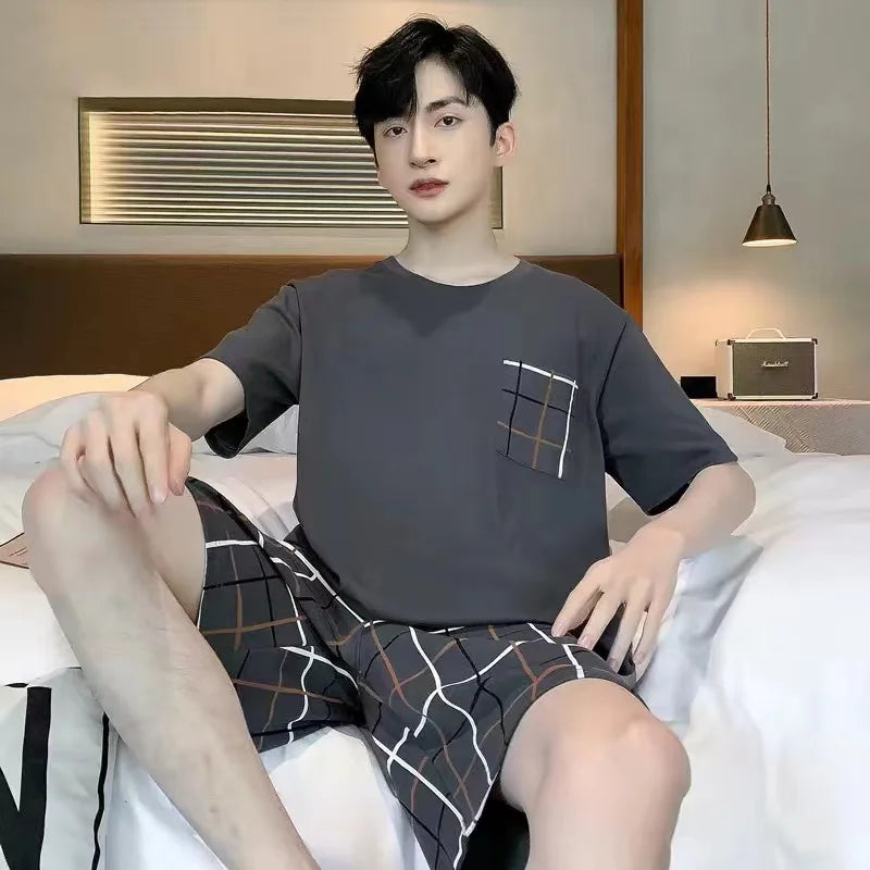 Men's Grey Plaid Short-Sleeved Pajamas | Comfortable Casual Sleepwear