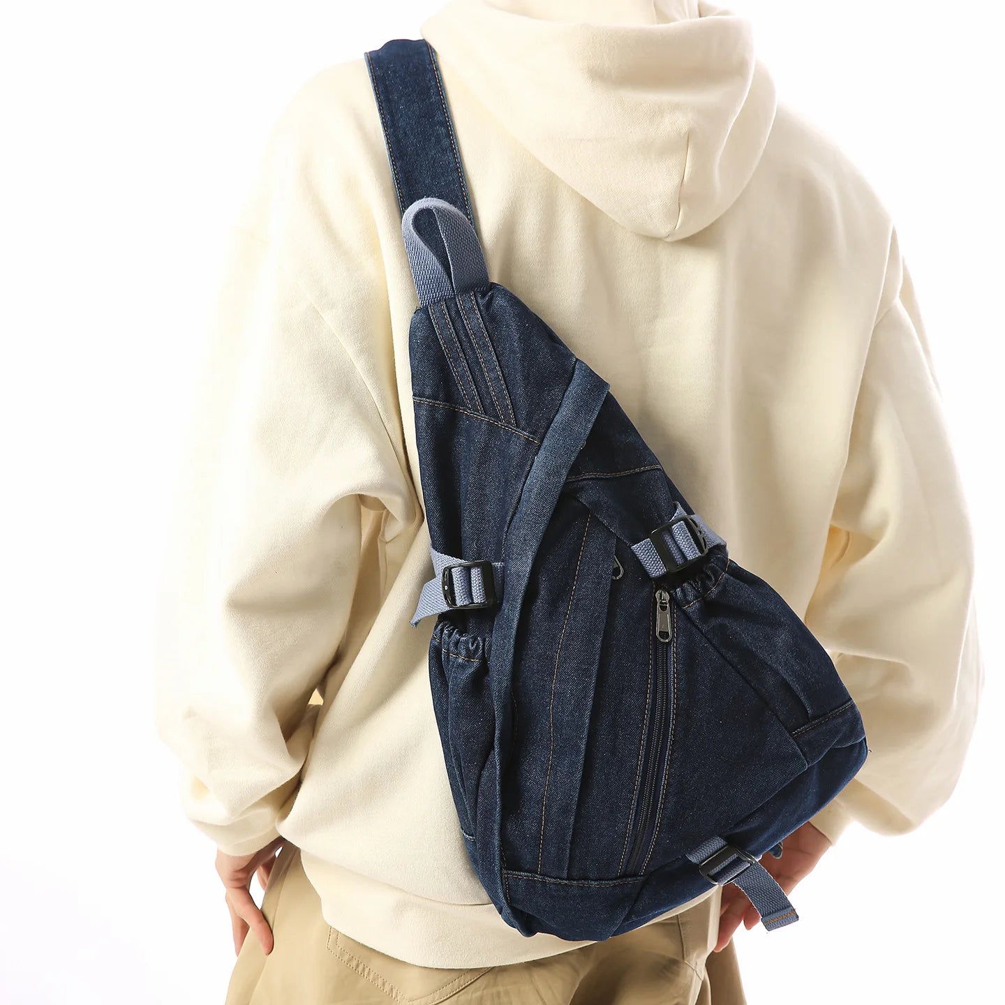 Vintage Washed Denim Sling Bag Man Woman Multifunction Retro Large Capacity Portable Motorcycle Chest Bag