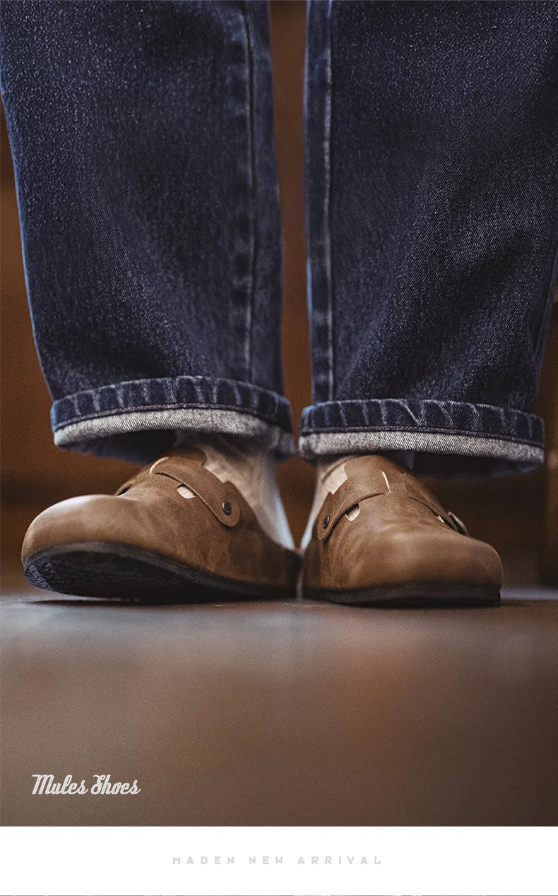 Men's Vintage Brown Leather Mules | Comfortable Slide-On Slippers