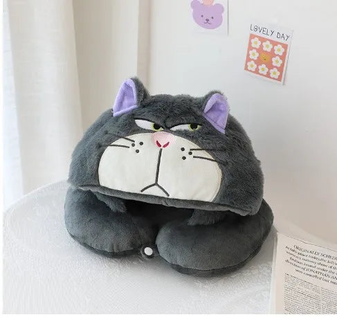 Kawaii Cat U-Shaped Neck Pillow | Cozy Hooded Travel Companion