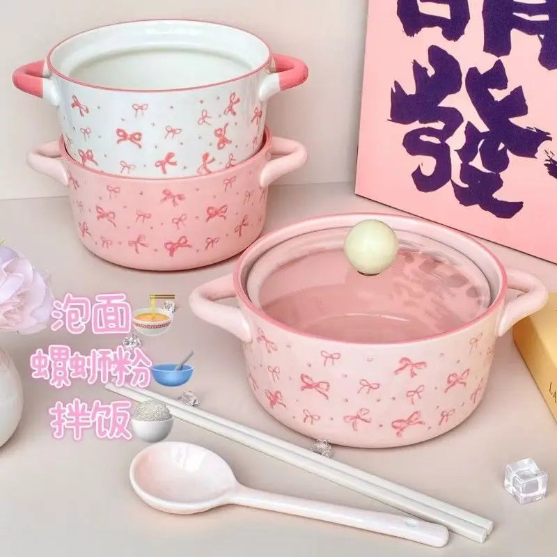 Bol de cerámica con tapa para fideos, diseño de lazo rosa | Adorable tazón para sopa