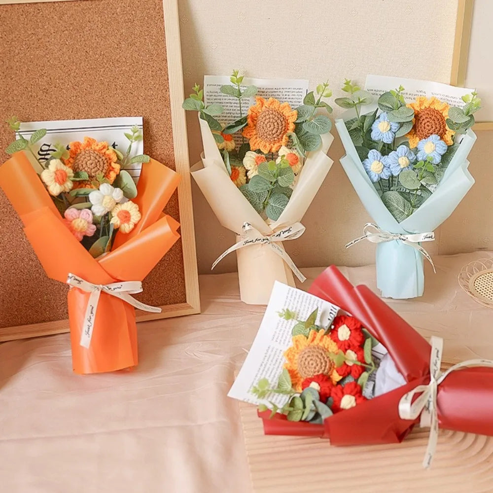 Ramo de flores de ganchillo hecho a mano | Girasol y margarita eternos de regalo
