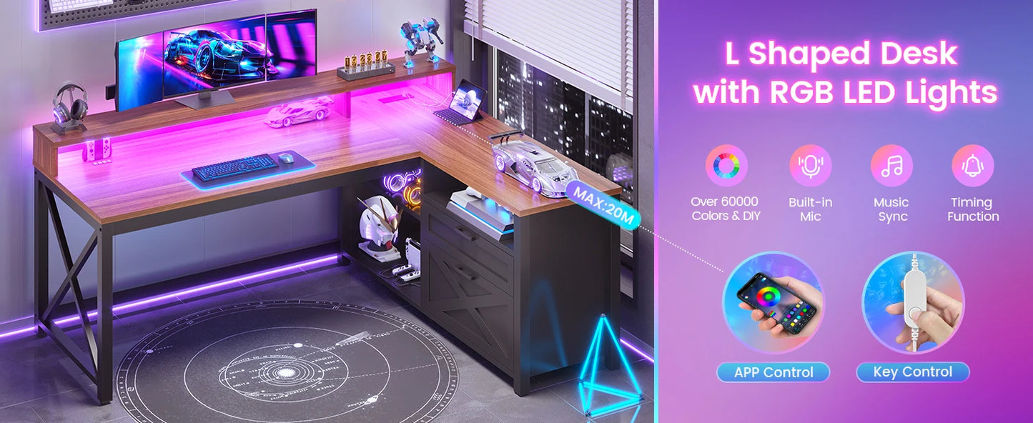 Versatile L Shaped Game Table with Drawers & LED Lights