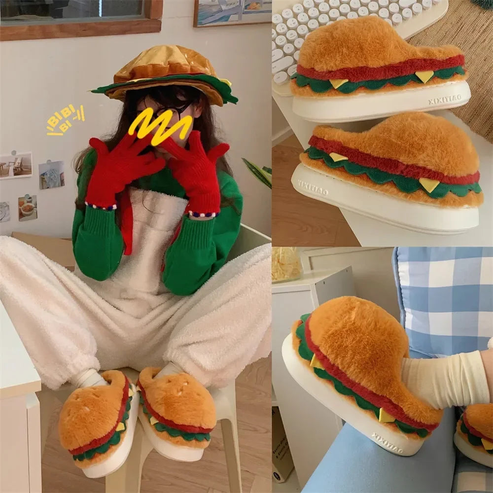 Cute Hamburger Plush Slippers | Warm & Cozy Indoor Footwear
