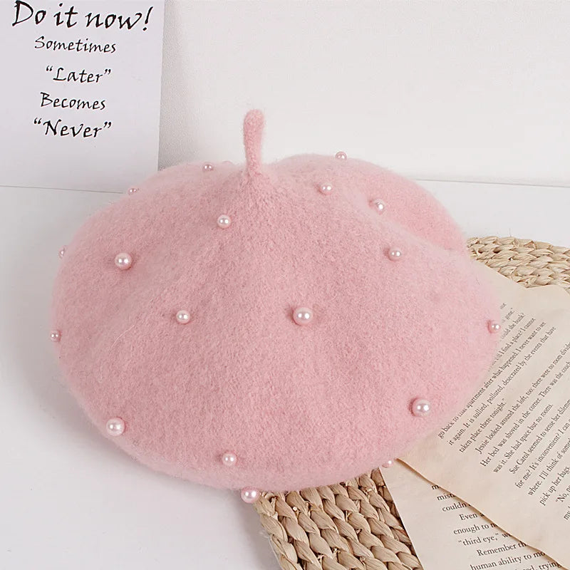 Wool Kids Winter Hat | Stylish Baby Beret with Pearl Detailing