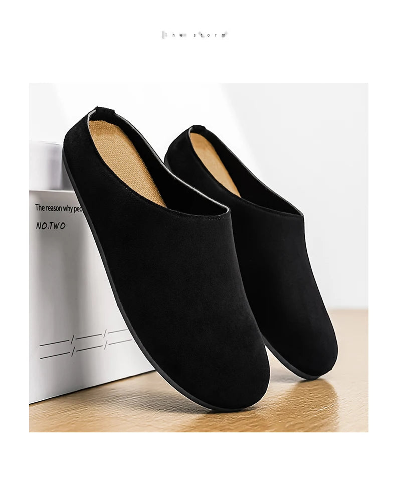 New Men's Slippers New Retro Solid Color Flat Bottom Women's Slingback Shoes Closed Toe Round Toe Suede Clogs Sandals Autumn