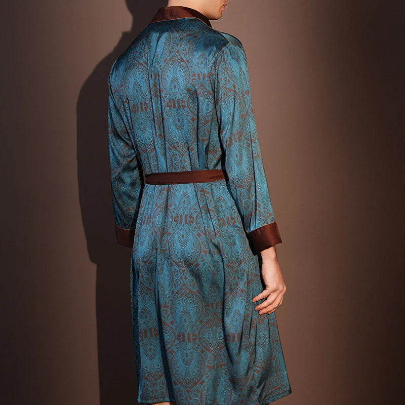 Spring Summer New Mens Robe Printed Bathrobe Kimono Gown Silky Satin Male Sleepwear Night Clothes Loose Casual Homewear Pajama