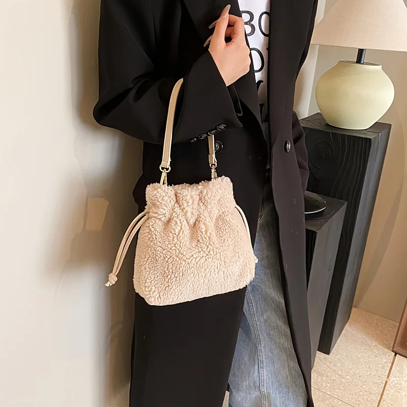 Fashionable Mini Plush Crossbody Bag - Soft Bucket Bag for Women