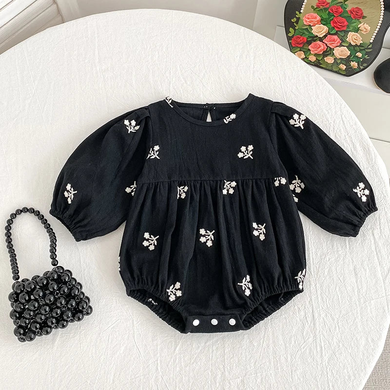 Baby Girls Embroidered Bow Romper | Cozy Autumn Jumpsuit