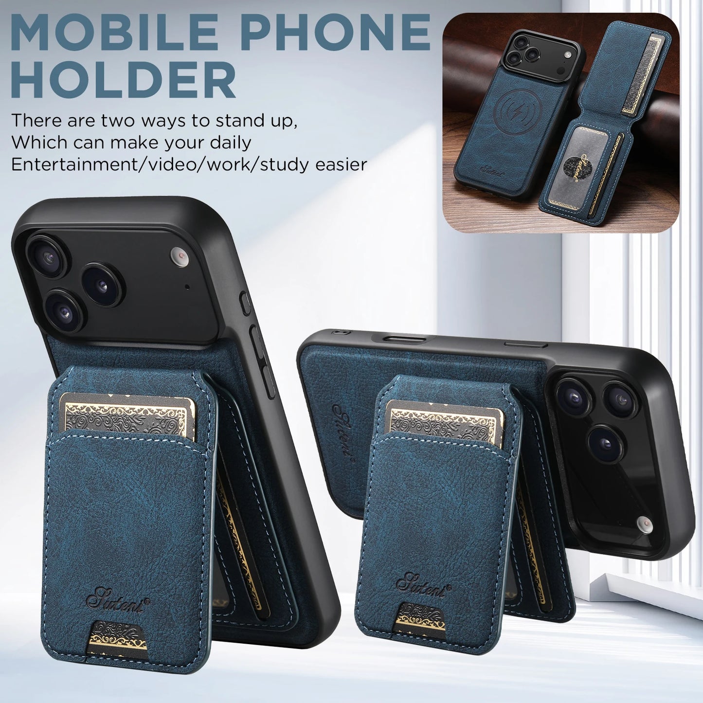 SUTENI Wireless Charging Phone Case Magnet Card Holder Stand Faux Leather For iPhone 17 Pro Max 16 Plus 15 14 13 12
