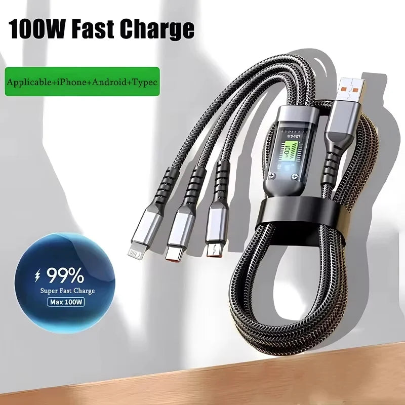 100W 3 In 1 Transparent Pilot Lamp Super Fast Charging Cable
