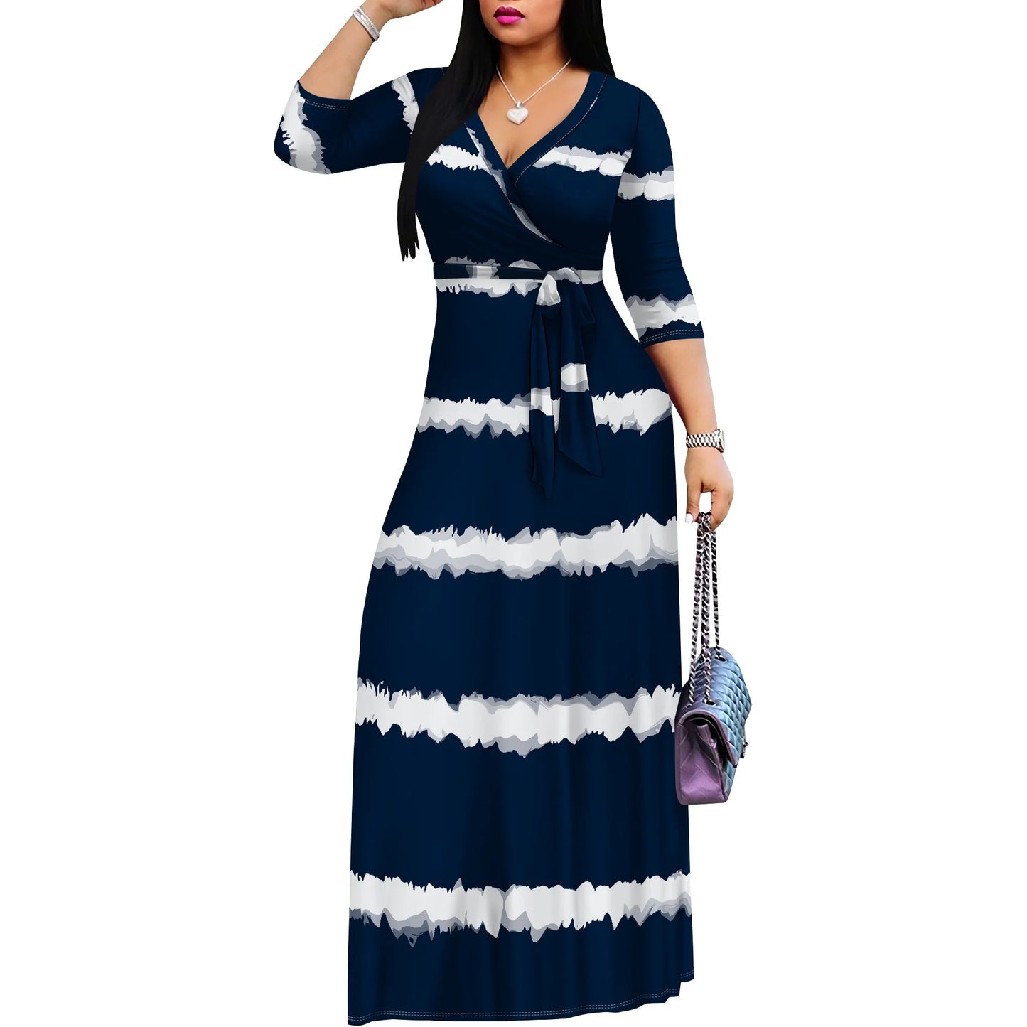 Colorful Tie-Dye V-Neck 3/4 Sleeve Wrap Maxi Dress for Women