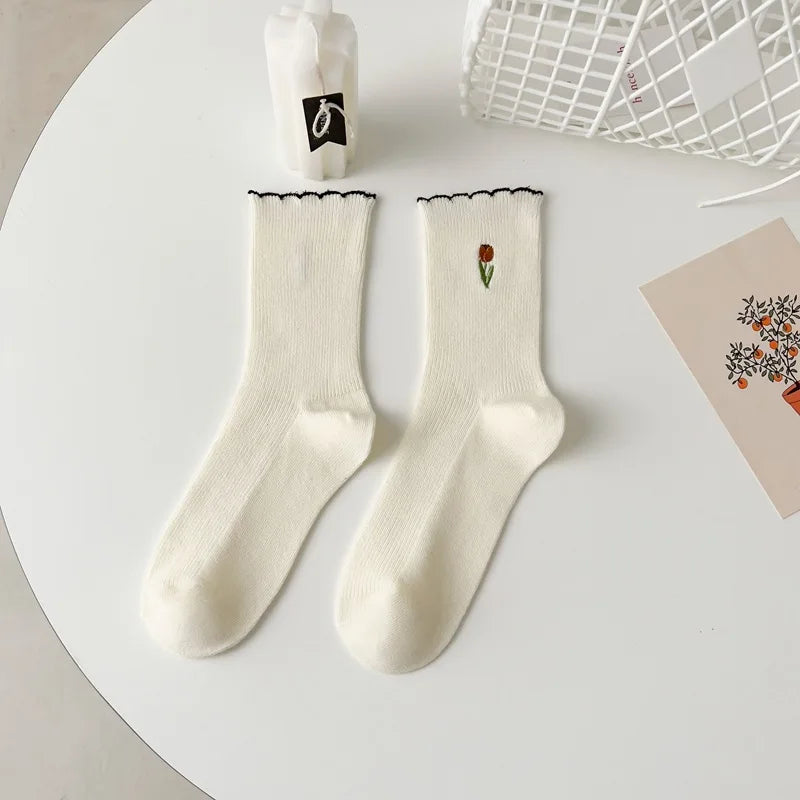 Women's Autumn Floral Embroidery Crew Socks | Cute Kawaii Style