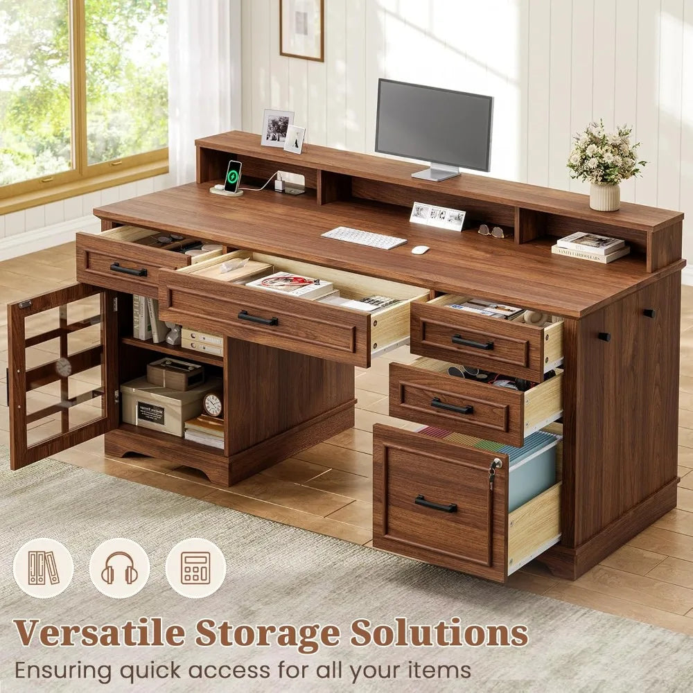 Stylish 60'' Farmhouse Executive Desk with Outlet & LED Light