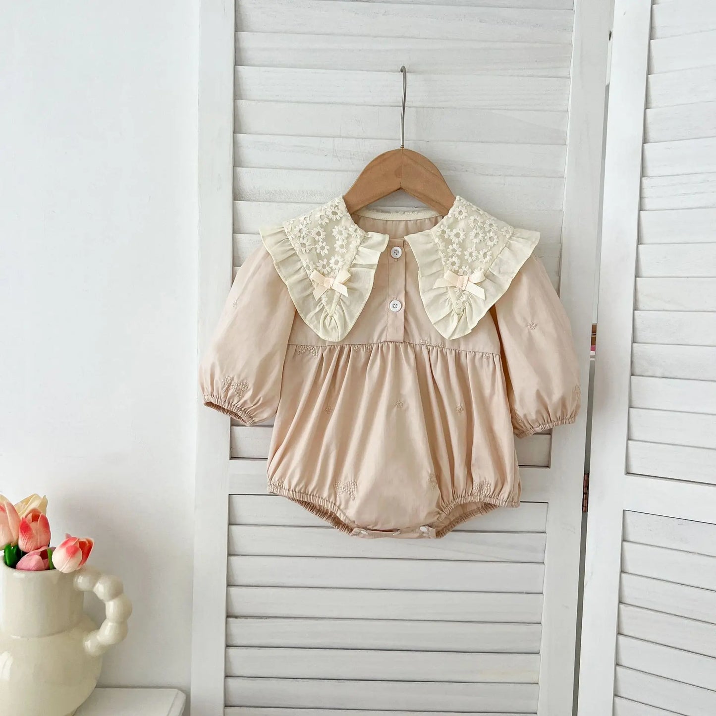 Cute Baby Girls Bow Lace Embroidery Bodysuit & Dress Set