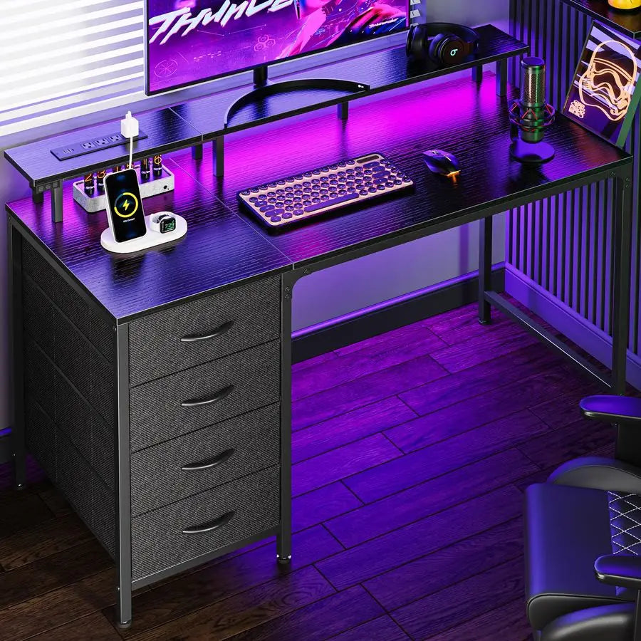 47 Inch Computer Desk with LED Lights & Power Outlets | Gaming & Office Use