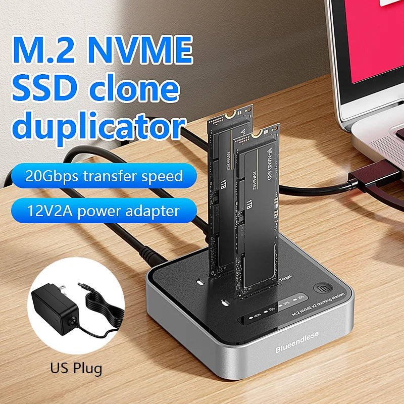 Dual-Bay M.2 NVMe SSD Cloning Dock | Fast USB 20Gbps Reader