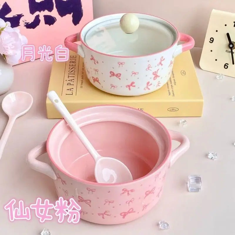 Bol de cerámica con tapa para fideos, diseño de lazo rosa | Adorable tazón para sopa