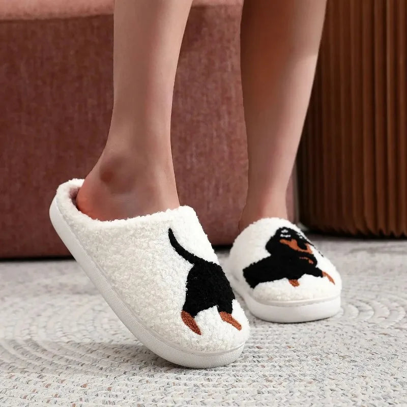 Dachshund Embroidered Plush Slippers | Cozy Winter Indoor Shoes