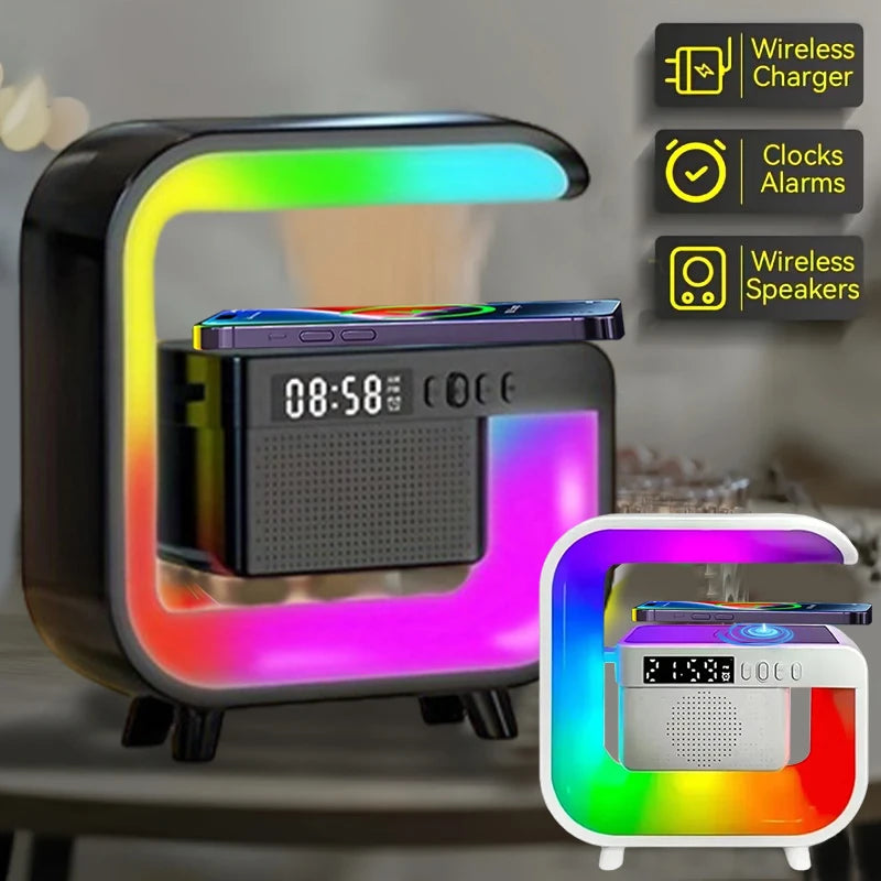Estación de carga inalámbrica RGB con altavoz Bluetooth y despertador
