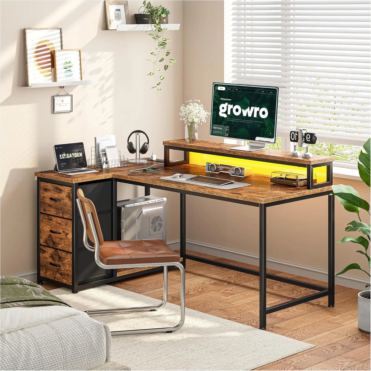L Shaped Gaming Desk with Monitor Stand & 3 Drawers