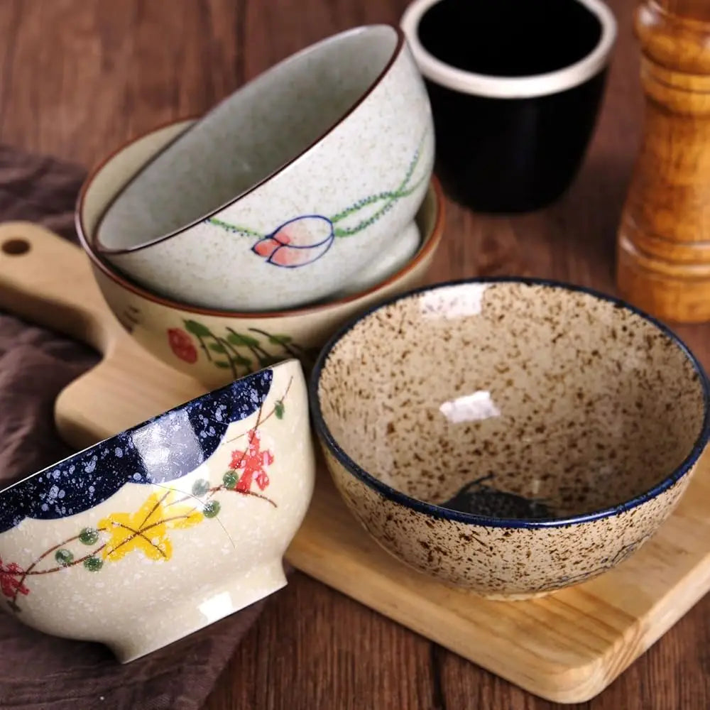 Creative Hand-Painted Floral Ceramic Soup & Rice Bowls Set