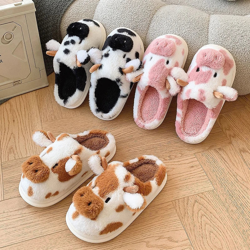 Women's Cute Cartoon Cow Plush Slippers | Warm Indoor House Shoes