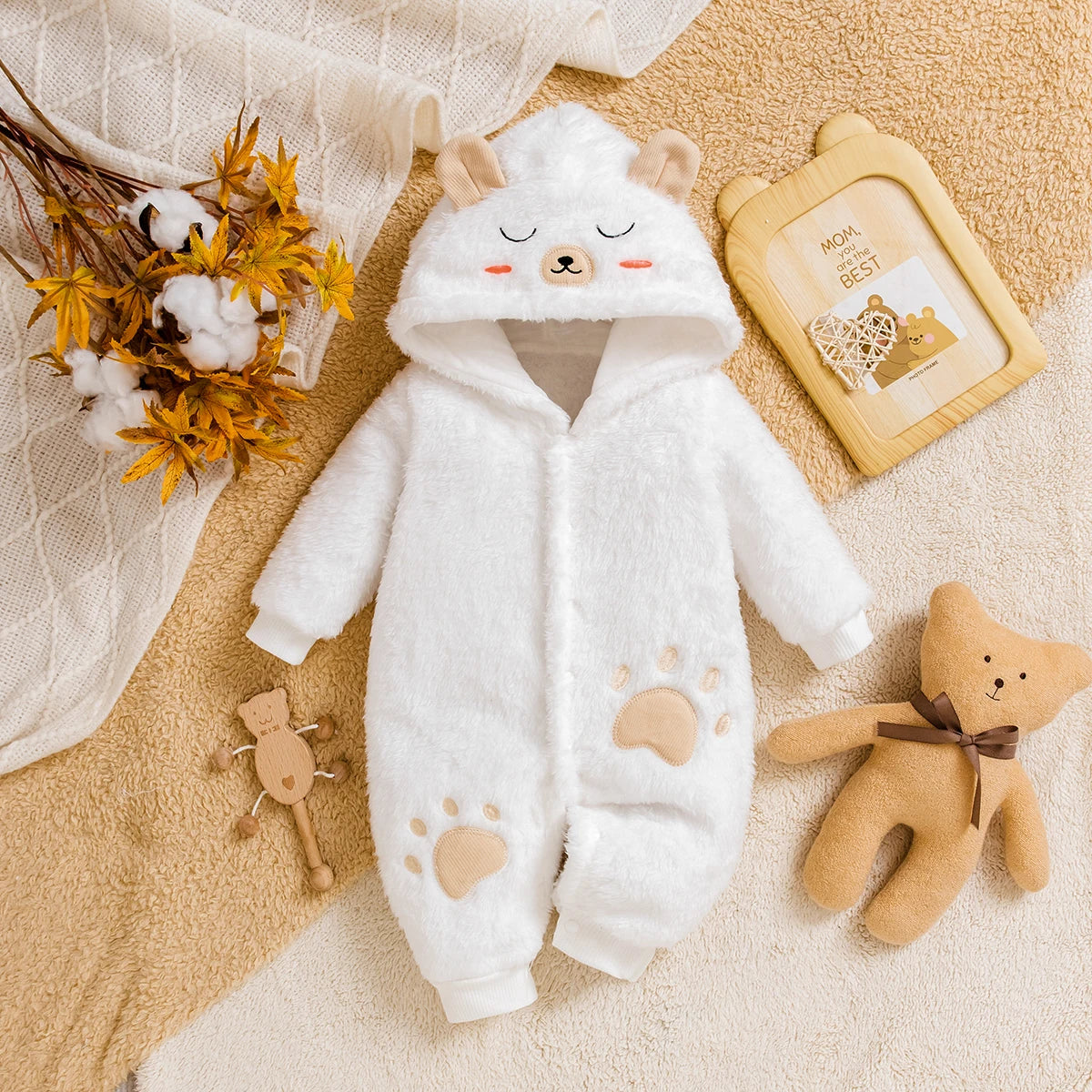 Cozy Baby Bear Plush Hooded Jumpsuit | Adorable Outfit for Infants