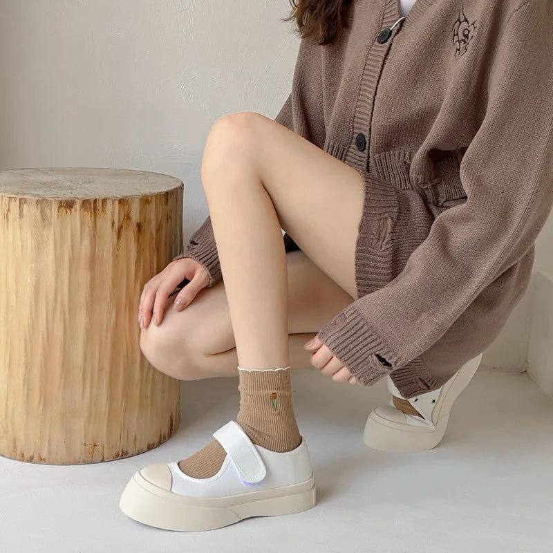 Women's Autumn Floral Embroidery Crew Socks | Cute Kawaii Style