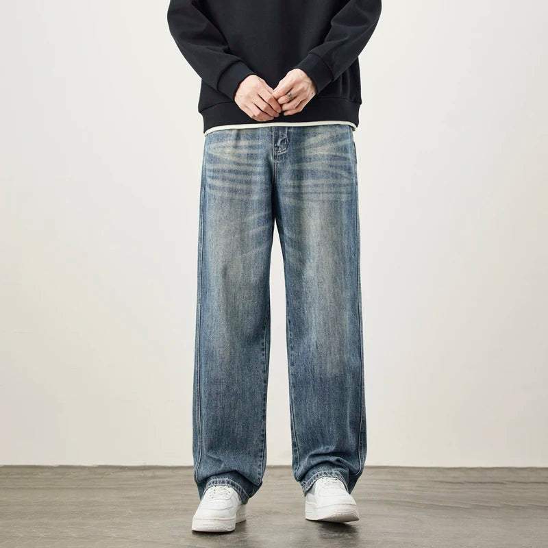 Wide-Leg Warm Fleece Jeans — Winter Thick Loose Straight Denim Pants for Men, Vintage Casual Velvet-Lined Korean Style Trousers