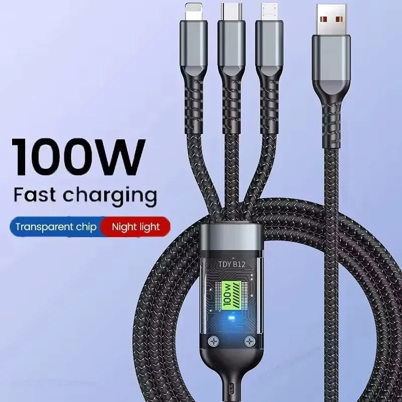 100W 3 In 1 Transparent Pilot Lamp Super Fast Charging Cable