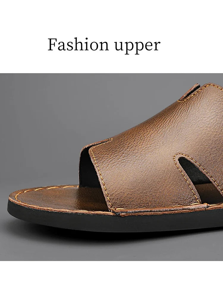 Men's Luxury Leather Slippers | Non-Slip Casual Wear for Summer