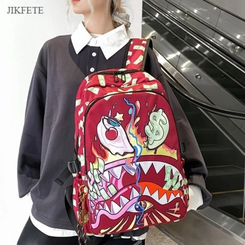 Stylish Shark Mouth Print Backpack | Versatile School & Travel Bag