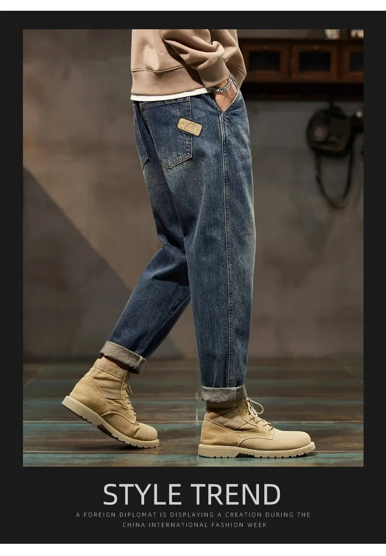 Retro American Style Men's Jeans | Loose Straight-Leg Denim Pants
