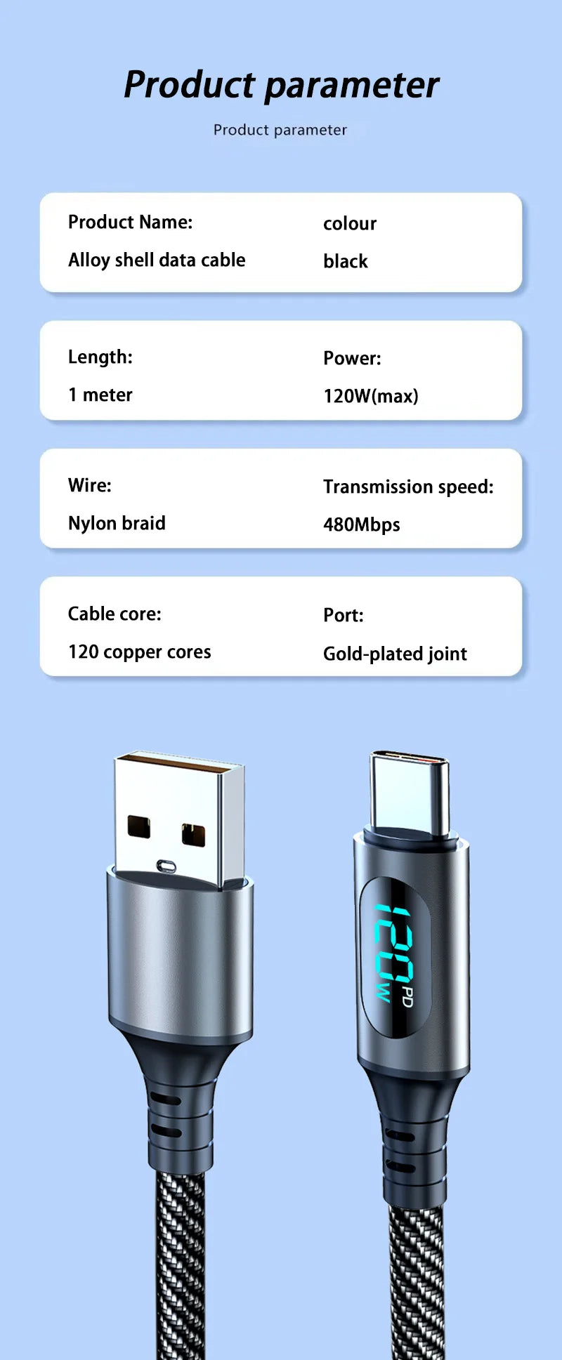 Cable A-C and C-C With Led Digital Display Cable Max 120W Super Fast Charge Cable For Xiaomi 17 Huawei Samsung iPhone Oneplus