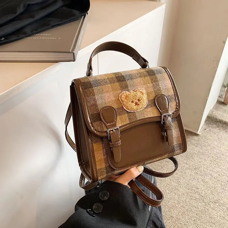 Cute Bear Backpack for Women | Vintage Plaid Student Bag