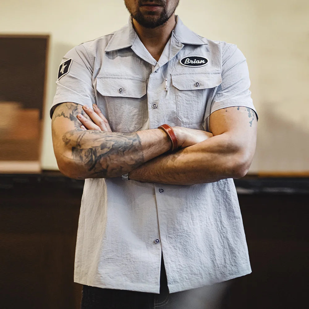 Men's Gray Printed Cuban Collar Shirt | Lightweight Summer Top