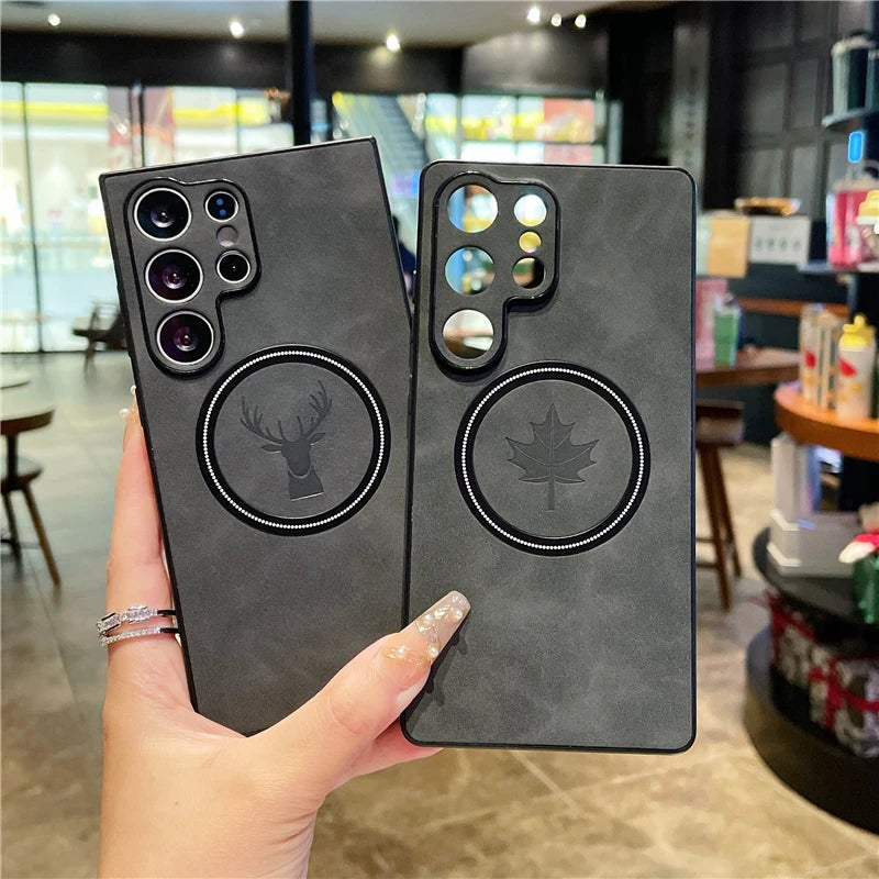 Leather Deer Maple Phone Case | Magnetic Charging Cover for Galaxy