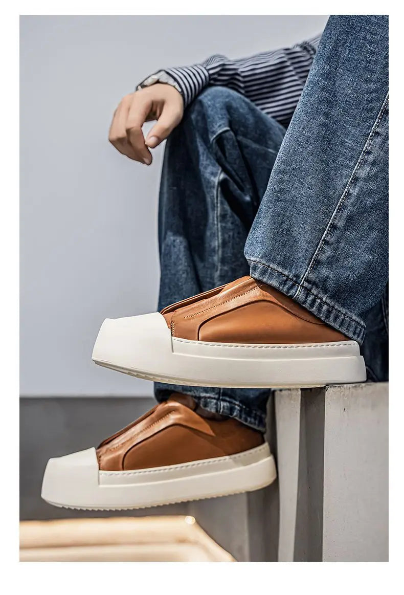 Men's Retro Brown PU Leather Platform Loafers | Lightweight Casual Sneakers